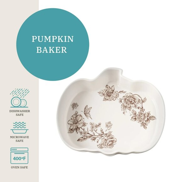 Pioneer Woman Pumpkin Baker Agatha Brown Floral Stoneware & Acacia Wood Lid 3qt - Picture 2 of 6